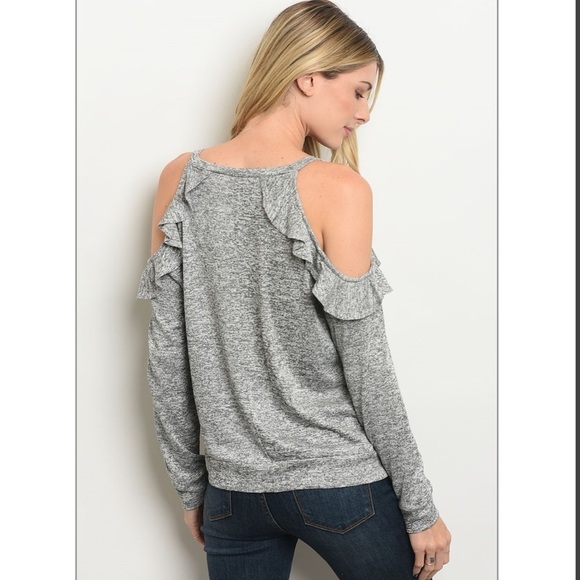 Cold Shoulder Grey Marled Ruffle Top - Picture 3 of 7